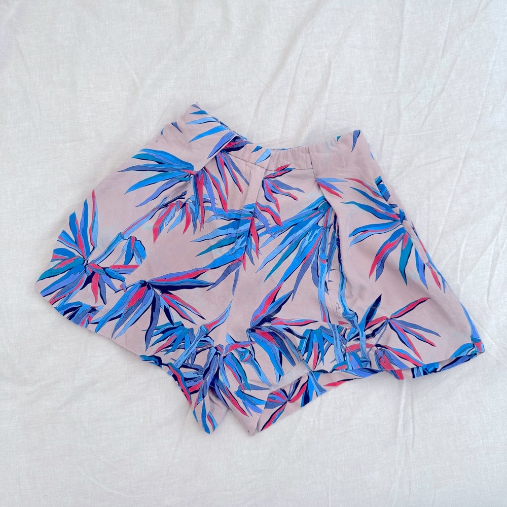 Emilio Pucci Tan and Blue High Waisted Silk Shorts Tropical Bamboo Print